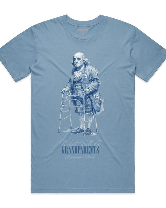 Blue t-shirt with a graphic of an elderly man using a walker and text on a white background