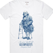 White t-shirt with blue graphic of a historical figure and text on a white background