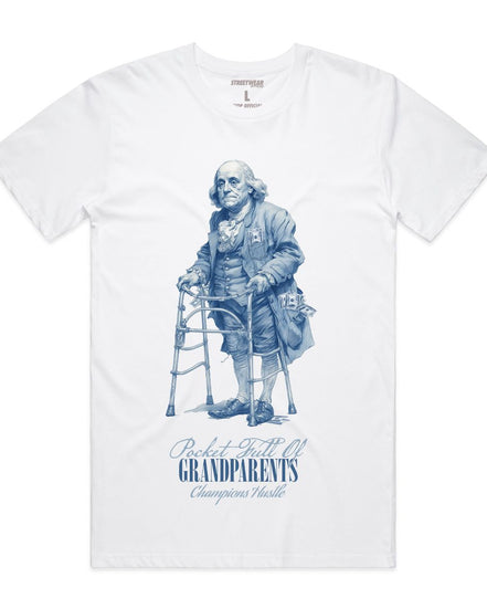 White t-shirt with blue graphic of a historical figure and text on a white background