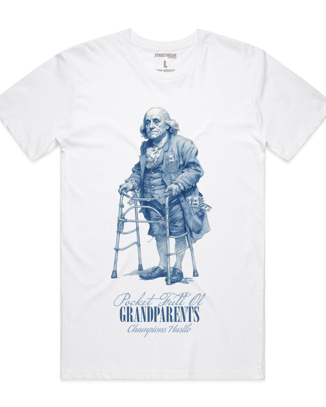 White t-shirt with blue graphic of a historical figure and text on a white background