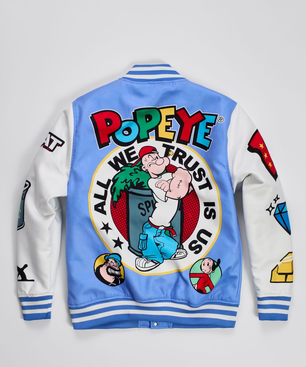 Varsity jacket with Popeye graphics and text on a light gray background
