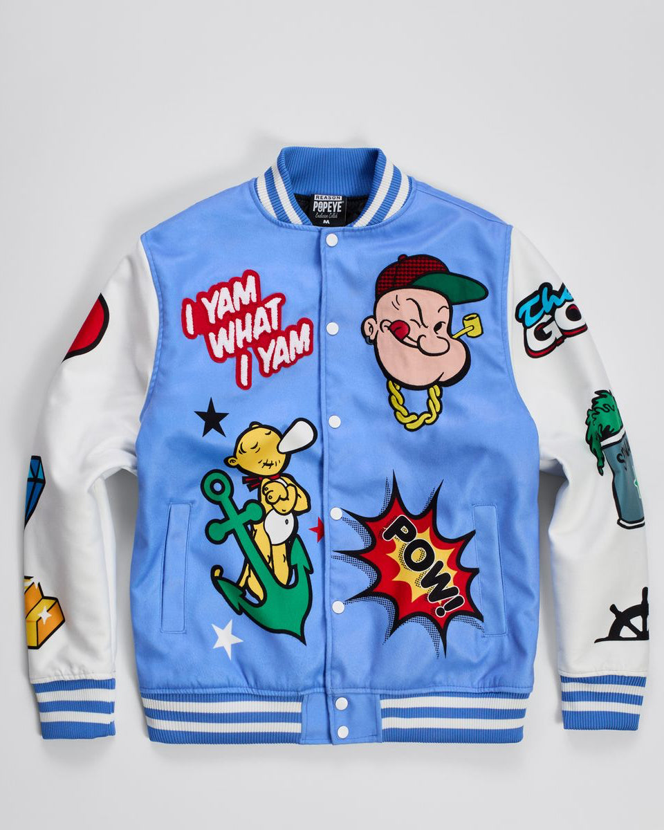 Colorful jacket with cartoon character design on a gray background