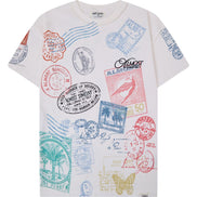 cream t-shirt with colorful stamp designs on a white background