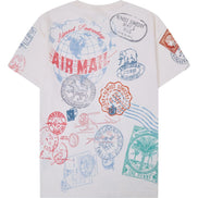 White t-shirt with colorful postage stamp designs on a white background