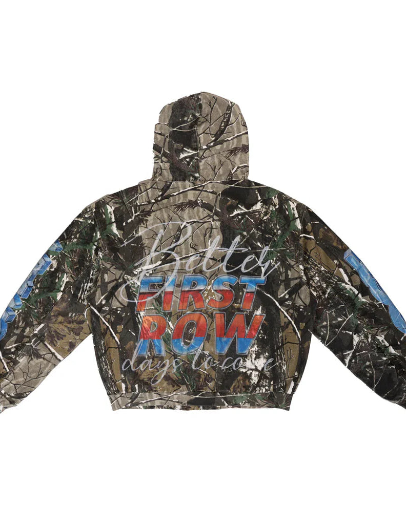 Camouflage hoodie with text on a white background
