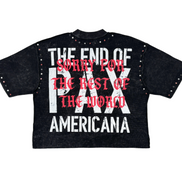 Black crop top with white and red text on a white background