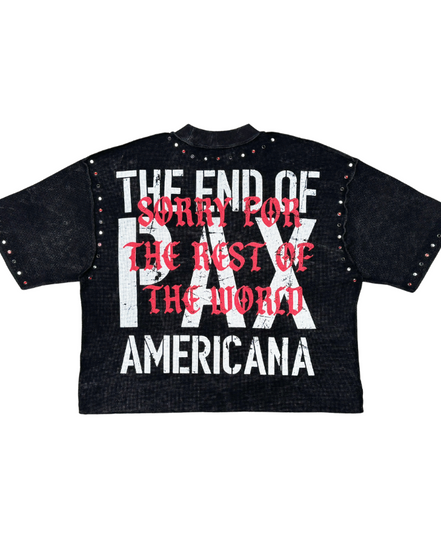 Black crop top with white and red text on a white background