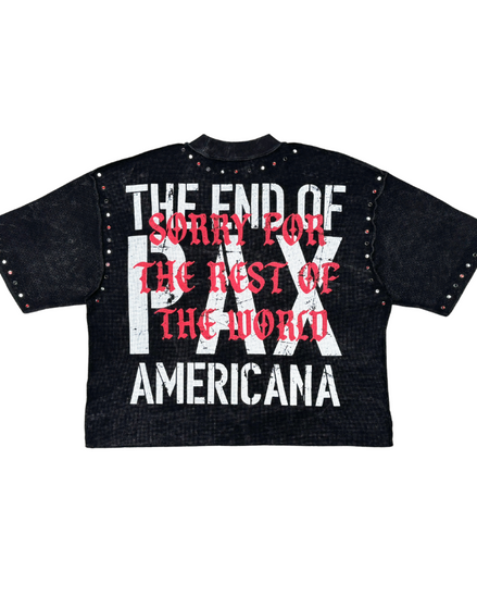 Black crop top with white and red text on a white background
