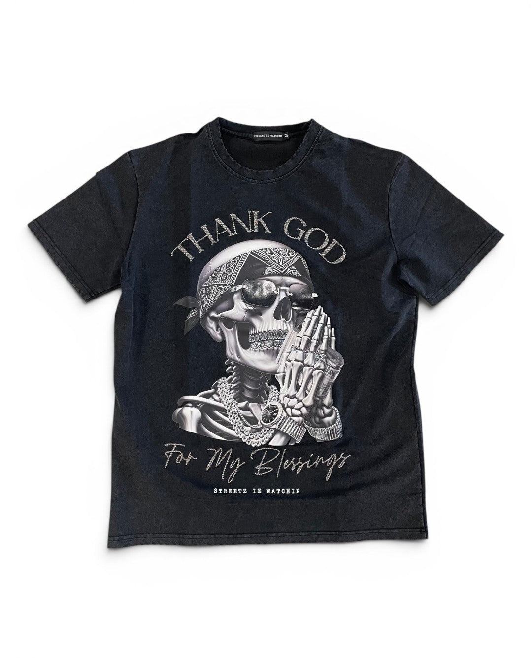 Black t-shirt with a graphic design of a skeleton and text on a white background
