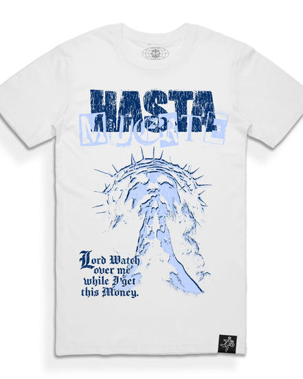 White t-shirt with blue graphic design and text on a white background