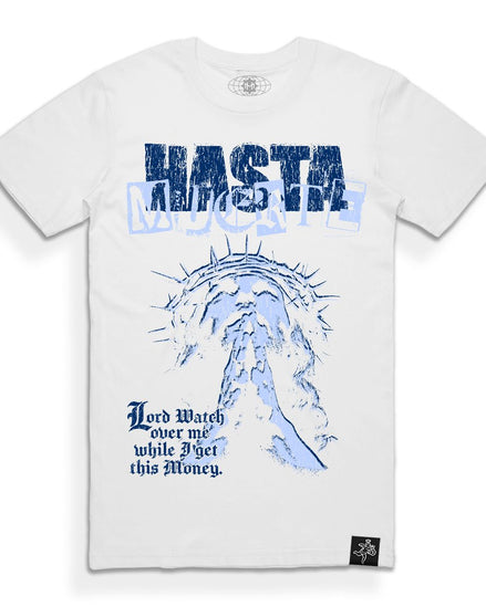 White t-shirt with blue graphic design and text on a white background