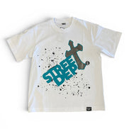 White t-shirt with blue graphic design on a white background
