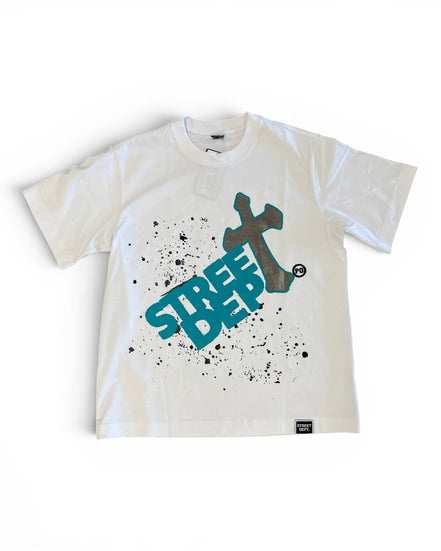 White t-shirt with blue graphic design on a white background