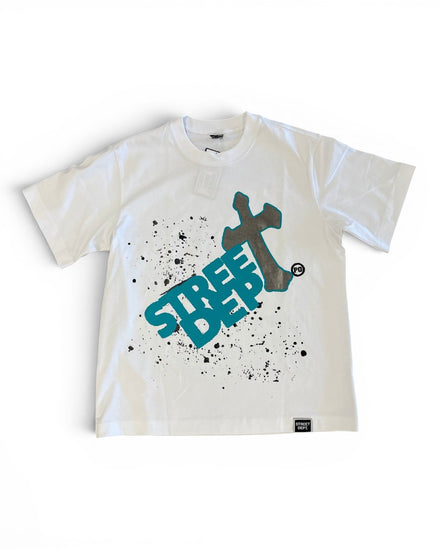 White t-shirt with blue graphic design on a white background
