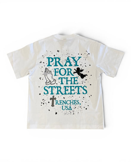 T-shirt with 'Pray for the Streets' text and graphics on a white background