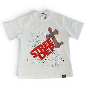 White t-shirt with red and gray graphic design on a white background