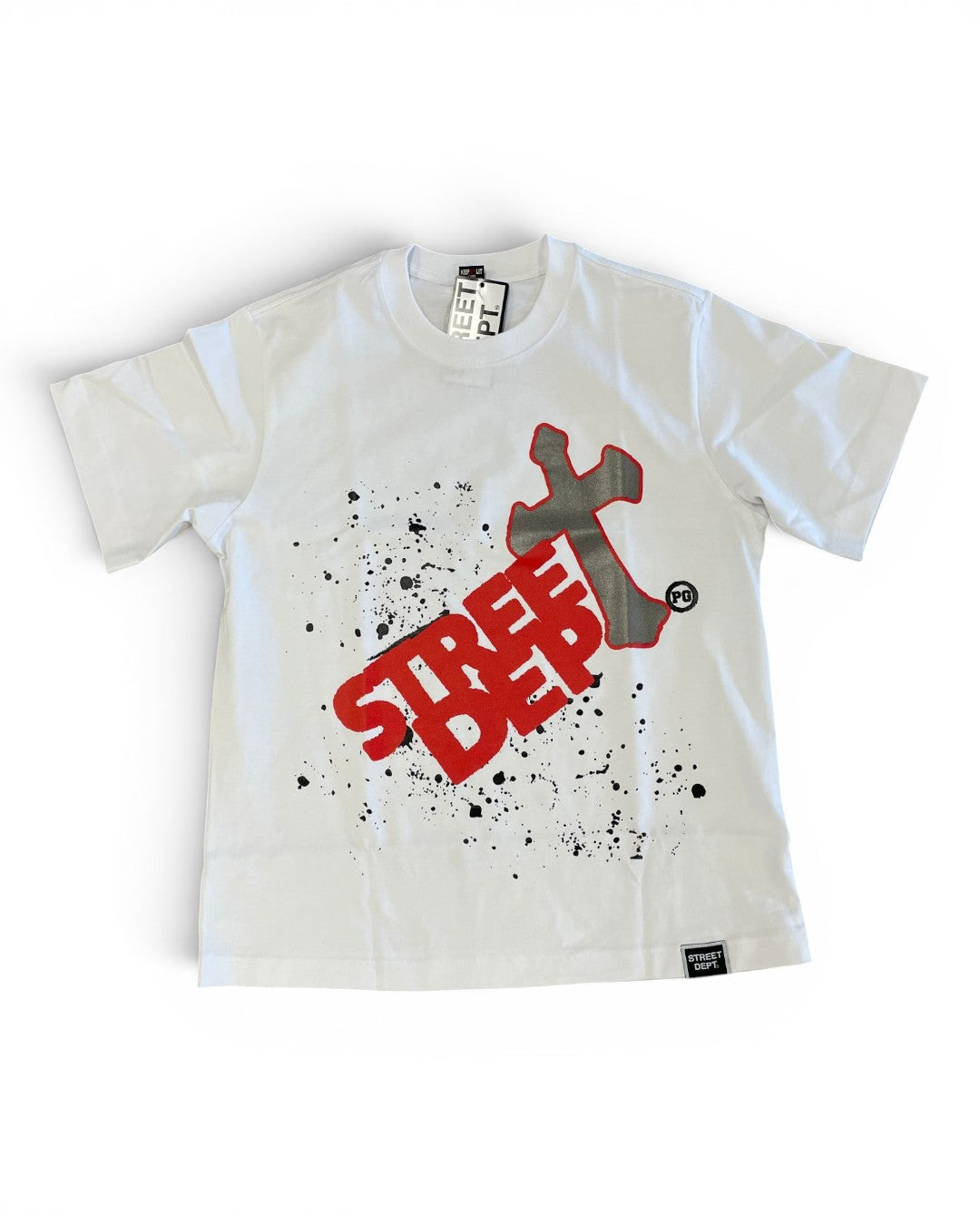 White t-shirt with red and gray graphic design on a white background