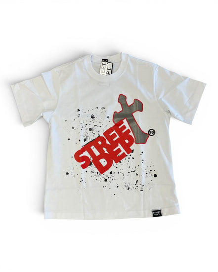 White t-shirt with red and gray graphic design on a white background