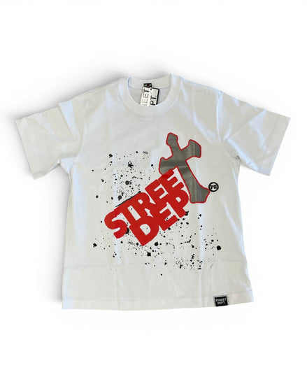 White t-shirt with red and gray graphic design on a white background