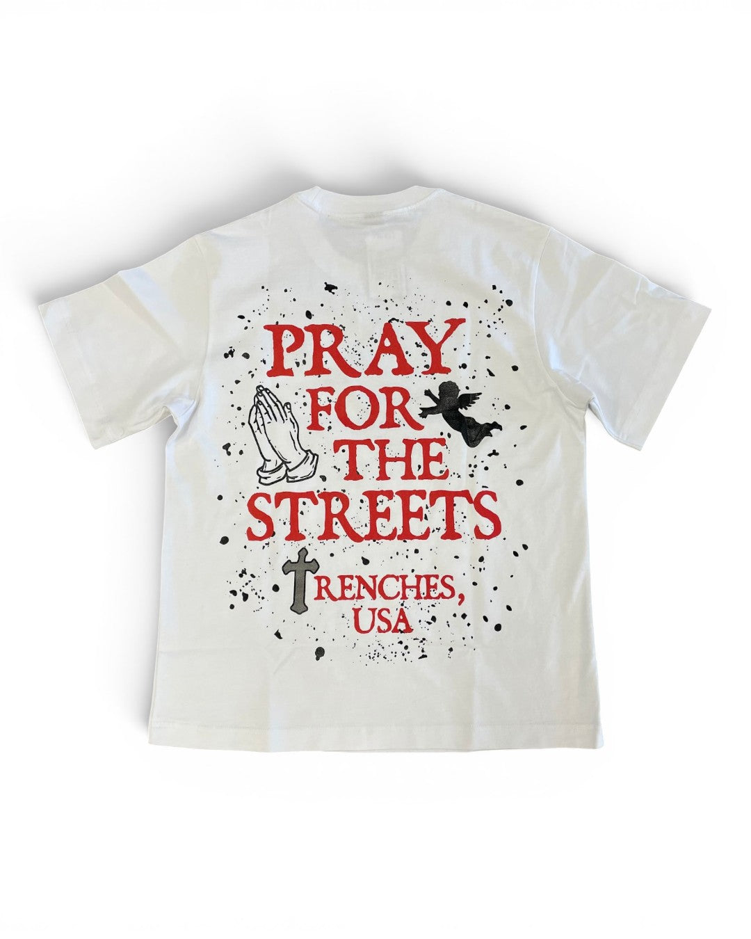 White t-shirt with red and black text and graphics on a white background