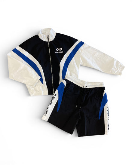 Cycling outfit with jacket and shorts on a white background