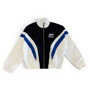 White and black jacket with blue accents on a white background