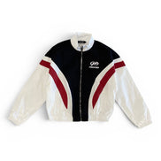 White, black, and red jacket with a brand logo on a white background