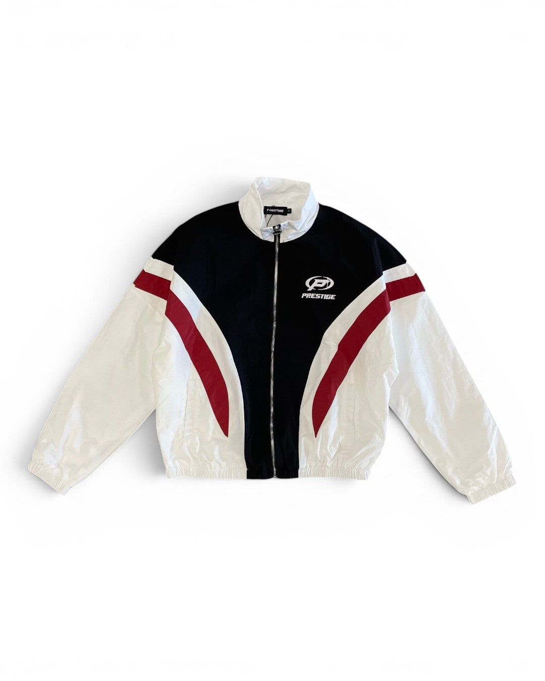 White, black, and red jacket with a brand logo on a white background