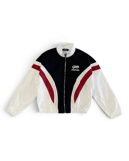White, black, and red jacket with a brand logo on a white background