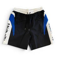 Black shorts with blue and white accents on a white background