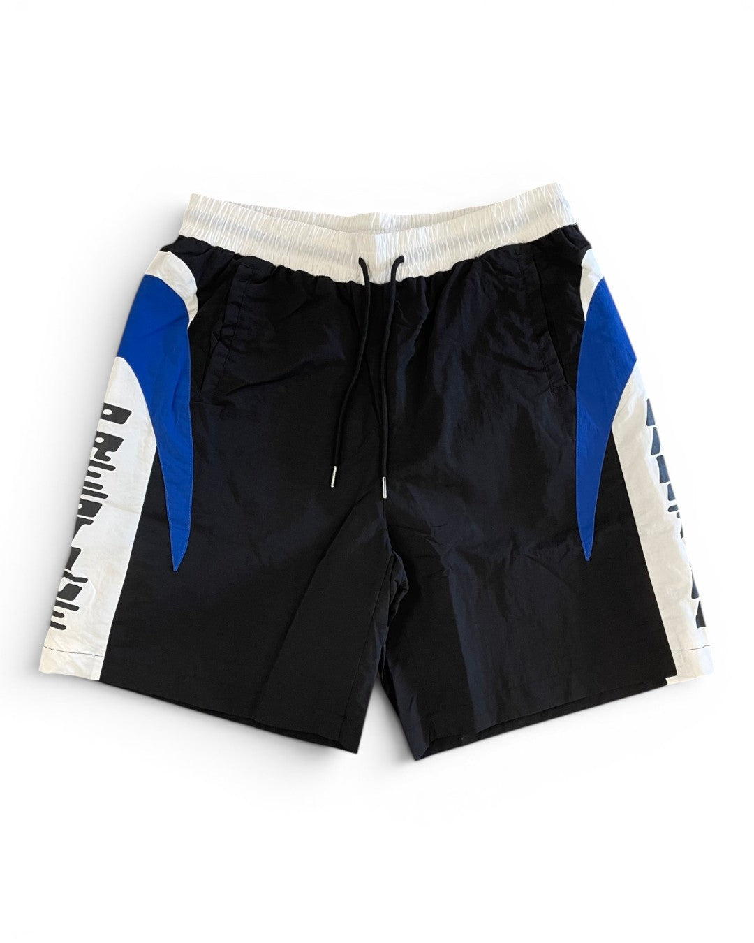 Black shorts with blue and white accents on a white background
