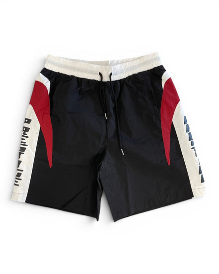 Black shorts with red and white accents on a white background