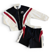 Black, white, and red tracksuit with a visible brand logo on a white background