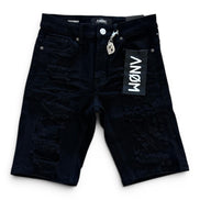 Black denim shorts with a brand tag on a white background