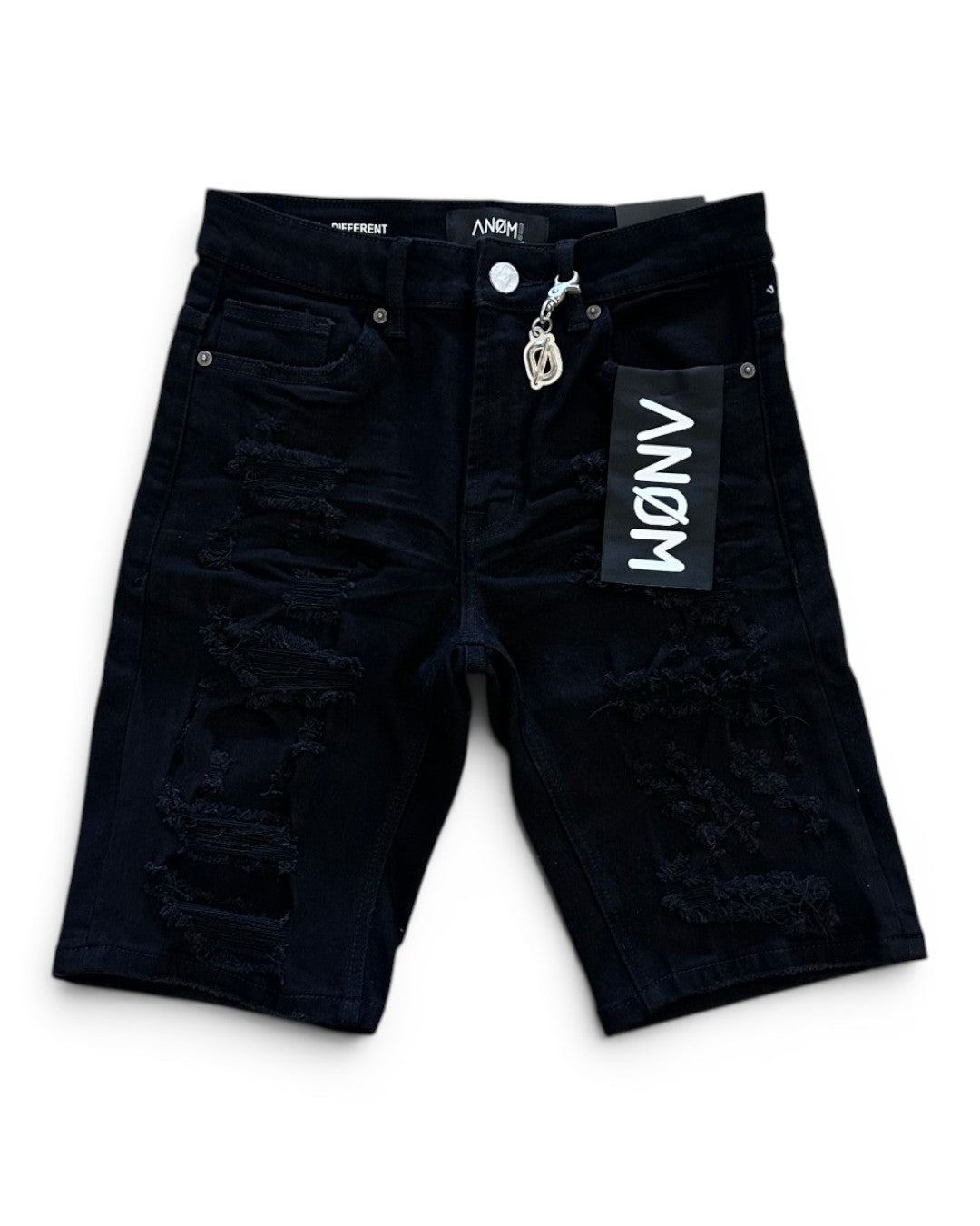 Black denim shorts with a brand tag on a white background