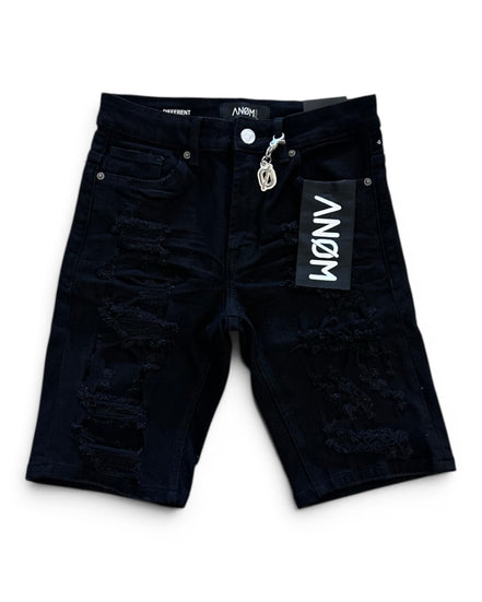 Black denim shorts with a brand tag on a white background