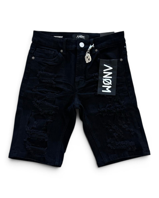 Black denim shorts with a brand tag on a white background