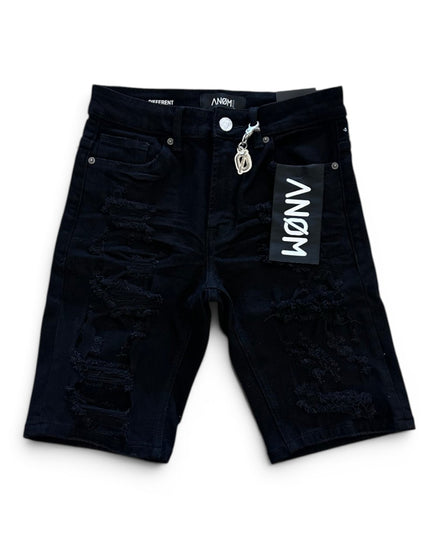 Black denim shorts with a brand tag on a white background