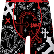 Black boxer briefs with a red and white gothic cross and 'PSD' graphic print, featuring a red waistband.