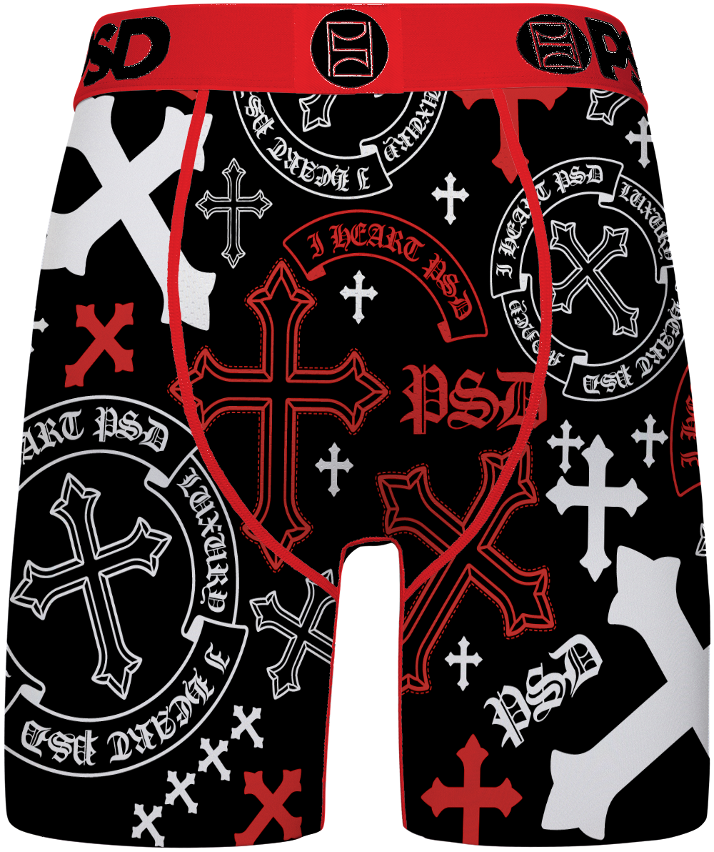Black boxer briefs with a red and white gothic cross and 'PSD' graphic print, featuring a red waistband.