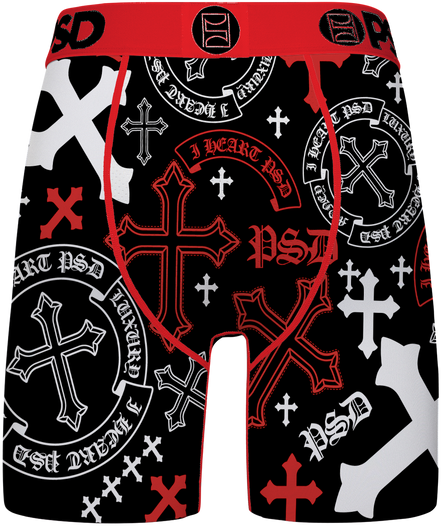 Black boxer briefs with a red and white gothic cross and 'PSD' graphic print, featuring a red waistband.