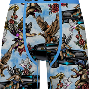 Men's boxer briefs featuring a detailed graphic print of cherubs, eagles, roses, harps, doves, and black cars on a light blue background, with a solid blue waistband and 'PSD' printed in black.