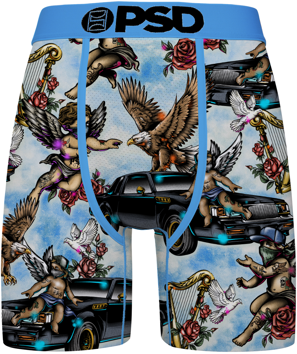 Men's boxer briefs featuring a detailed graphic print of cherubs, eagles, roses, harps, doves, and black cars on a light blue background, with a solid blue waistband and 'PSD' printed in black.