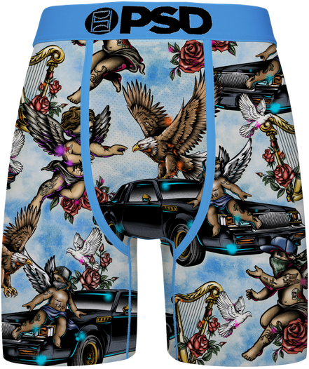 Men's boxer briefs featuring a detailed graphic print of cherubs, eagles, roses, harps, doves, and black cars on a light blue background, with a solid blue waistband and 'PSD' printed in black.