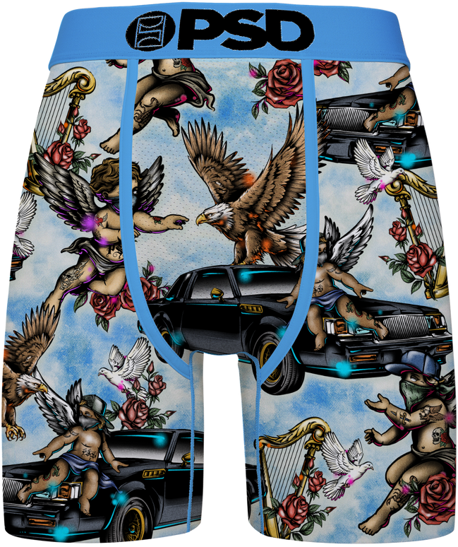 Men's boxer briefs featuring a detailed graphic print of cherubs, eagles, roses, harps, doves, and black cars on a light blue background, with a solid blue waistband and 'PSD' printed in black.