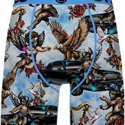Men's boxer briefs featuring a detailed graphic print of cherubs, eagles, roses, harps, doves, and black cars on a light blue sky background, with a bright blue waistband.