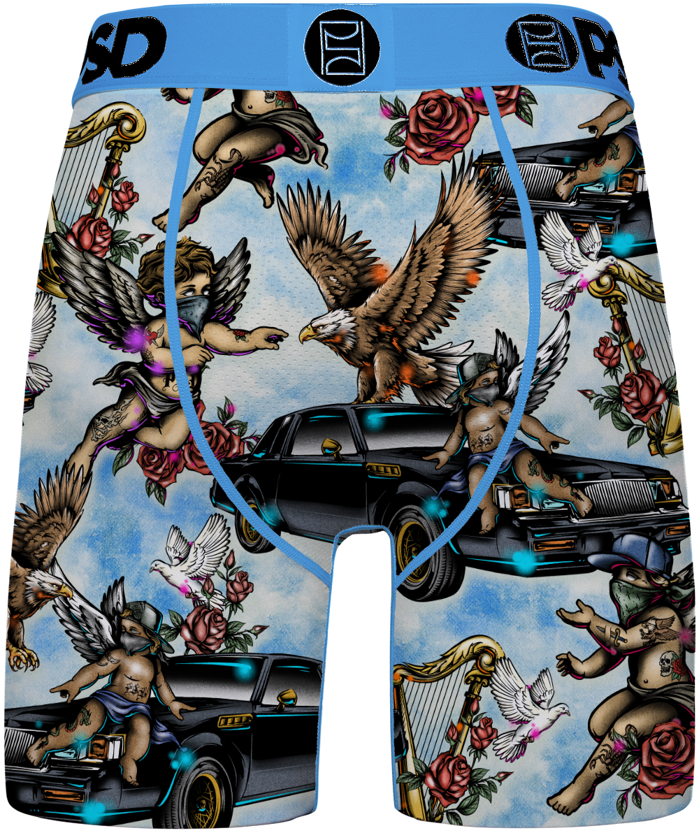 Men's boxer briefs featuring a detailed graphic print of cherubs, eagles, roses, harps, doves, and black cars on a light blue sky background, with a bright blue waistband.
