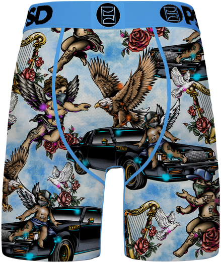 Men's boxer briefs featuring a detailed graphic print of cherubs, eagles, roses, harps, doves, and black cars on a light blue sky background, with a bright blue waistband.