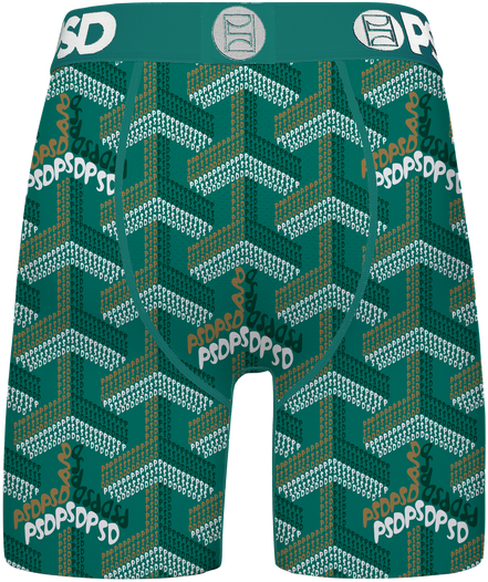 Teal boxer briefs with geometric pattern and brand logo on a white background
