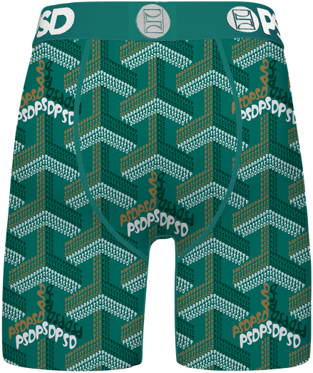 Teal boxer briefs with geometric pattern and brand logo on a white background